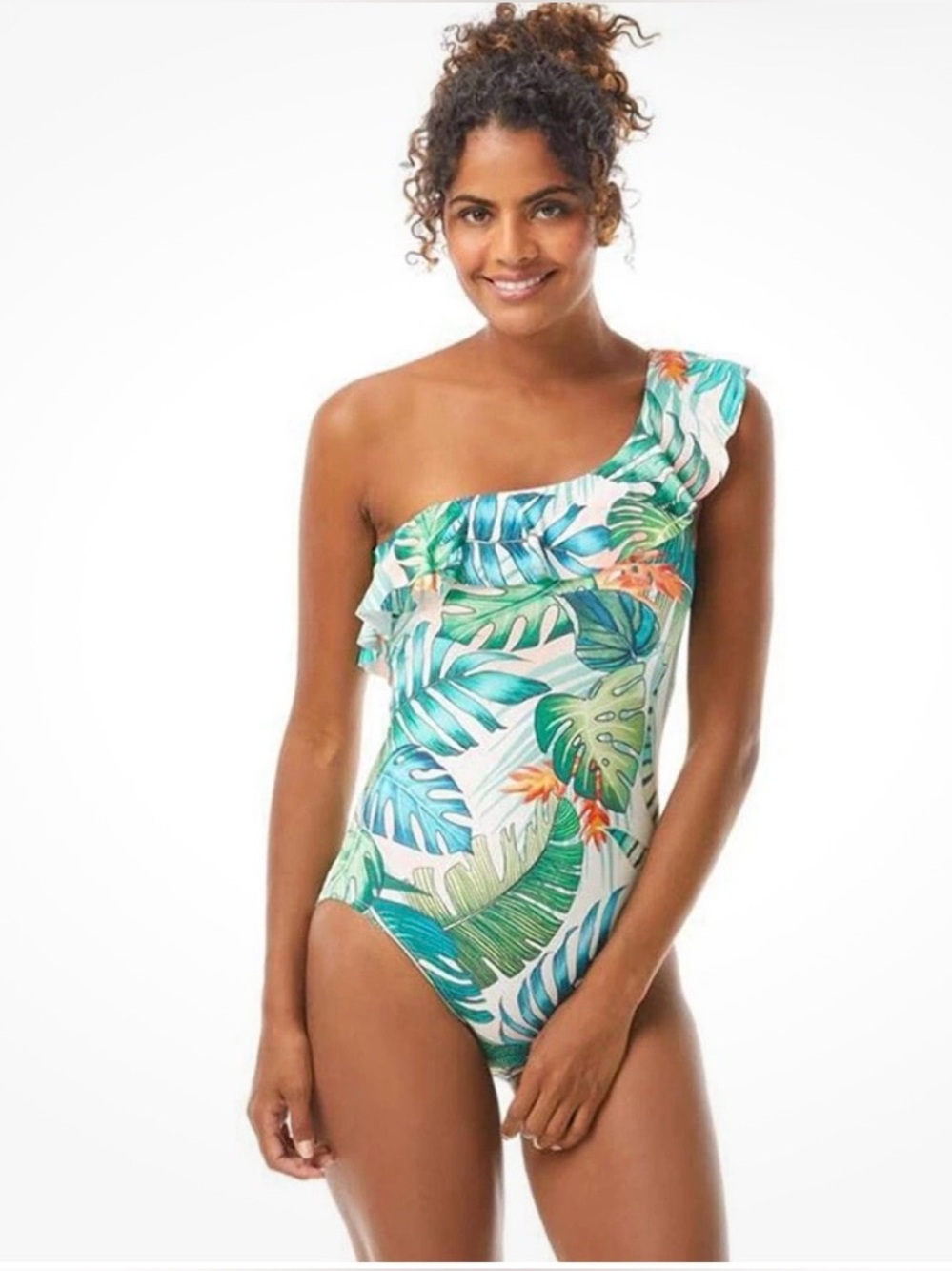 Vince Camuto One-Shoulder Tropical Leaf Ruffle Swimsuit - Green/White/Teal